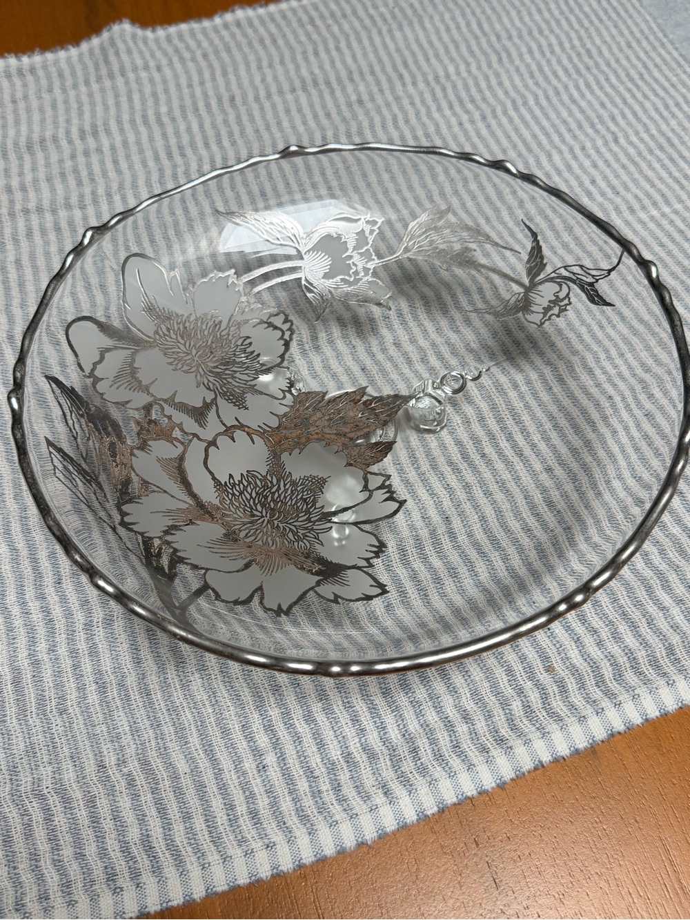 Vintage glass footed bowl with silver cabbage rose inlay